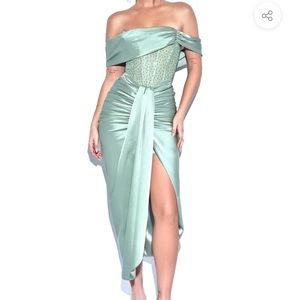 Miss Circle Stella Basil Off Shoulder Crystal Corset Satin Gown